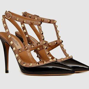 Valentino Rockstud Caged 10 Black Patent Pump, Black Poudre Size 38